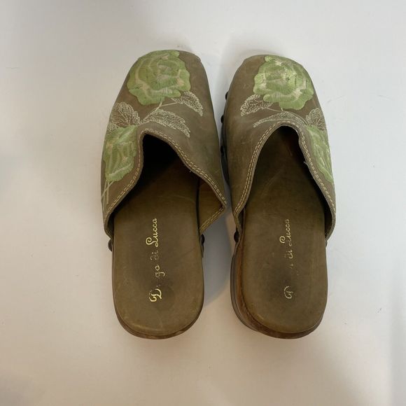 Diego Di Lucca Tan Green Leather Embroidered Floral Studded Clogs Women's SZ 6.5 - Picture 3 of 8